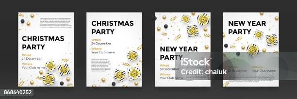 Christmas New Year Winter Holiday Party Posters Vector Design Golden White Background Stock Illustration - Download Image Now