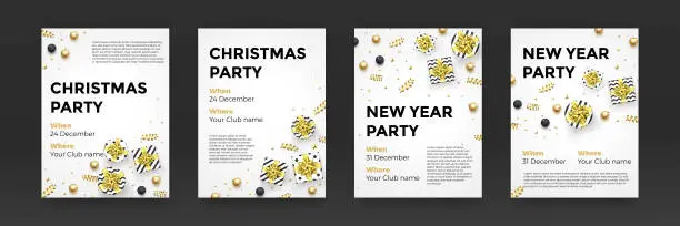 Vector illustration of Christmas New Year winter holiday party posters vector design golden white background