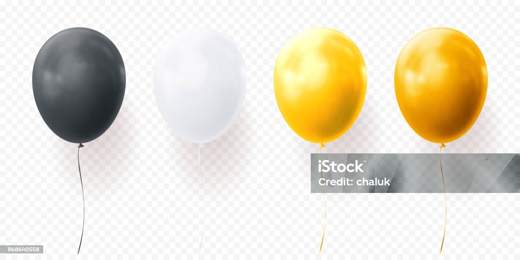 Colorful balloons vector transparent background glossy realistic black baloon for Birthday party Colorful balloons vector on transparent background. Glossy realistic yellow, black and white glossy baloons for Birthday party illustration or greeting card design element Balloon stock vector