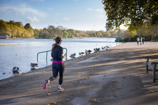 Woman Jogging along the shorline of The Serpentine Lake in Hyde Park, London, UK on a sunny Autumn morning stock photo