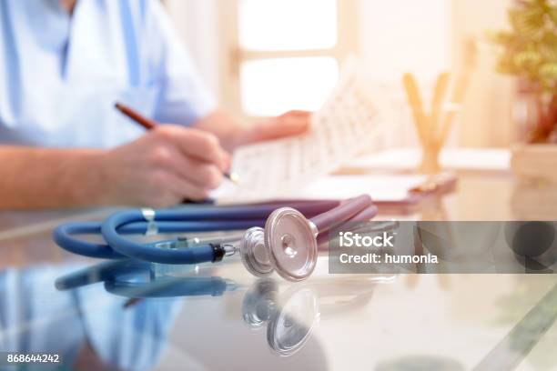 Close Up Of Stethoscope And Doctor Stock Photo - Download Image Now - Doctor, Medical Exam, Healthcare And Medicine