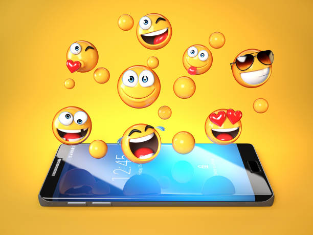 istock Emojis around mobile phone, smart phone messaging with emoticons 3d rendering 868644414