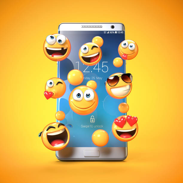 Emojis around mobile phone, smart phone messaging with emoticons 3d rendering