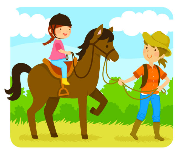 illustrazioni stock, clip art, cartoni animati e icone di tendenza di lezione di equitazione - teaching child horseback riding horse