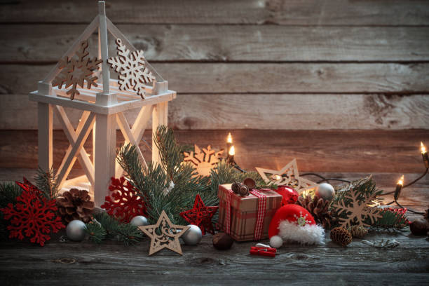 istock Christmas decoration with white lantern  on wooden background 868651266
