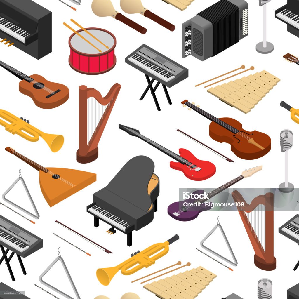 Musical Instruments Classic Background Music Instruments Background Pattern Set Isometric View Vector Stock ...