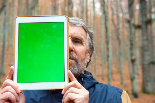 Senior Man Holding Digital Tablet with Green Screen and Partly Hiding his Face, Autumnal Beech Forest, Europe Senior man holding digital tablet with green screen in front and partly hiding his face in autumnal beech forest, Europe. person holding frame over face stock pictures, royalty-free photos & images