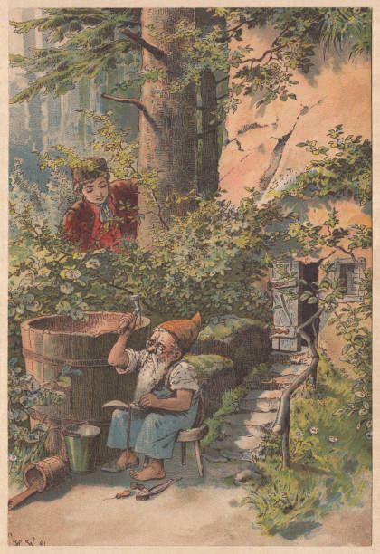 The Gnome, lithograph, published in 1891 The Gnome (Das kluge Erdmännchen). A fary tale by the Brothers Grimm, Germany. Lithograph, published in 1891. shoemaker stock illustrations