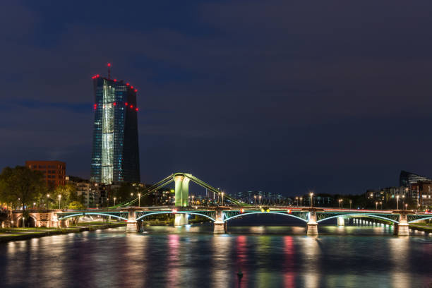 istock The EZB building in Frankfurt with red lights during blue hour with a lit bridge in front 868659906