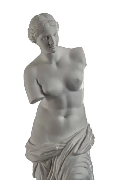 Photo of plaster sculpture of Venus on a white background, gypsum