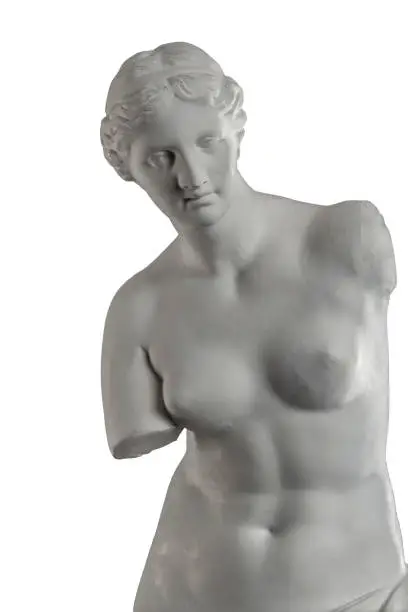 Photo of plaster sculpture of Venus on a white background, gypsum