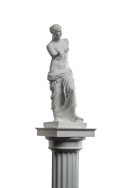 Photo of plaster sculpture of Venus on a white background, gypsum