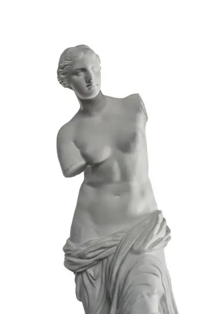 Photo of plaster sculpture of Venus on a white background, gypsum