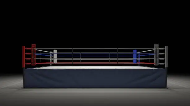 3d rendering of an empty boxing ring in front view spotlighted in the dark. Boxing and fighting sports. Professional fighting. Sparring and competition.