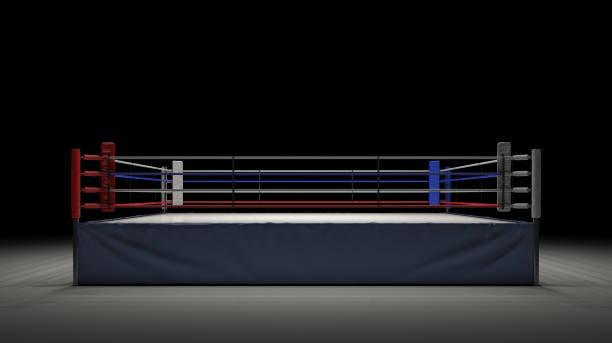 3d rendering of an empty boxing ring in front view spotlighted in the dark - weight class imagens e fotografias de stock