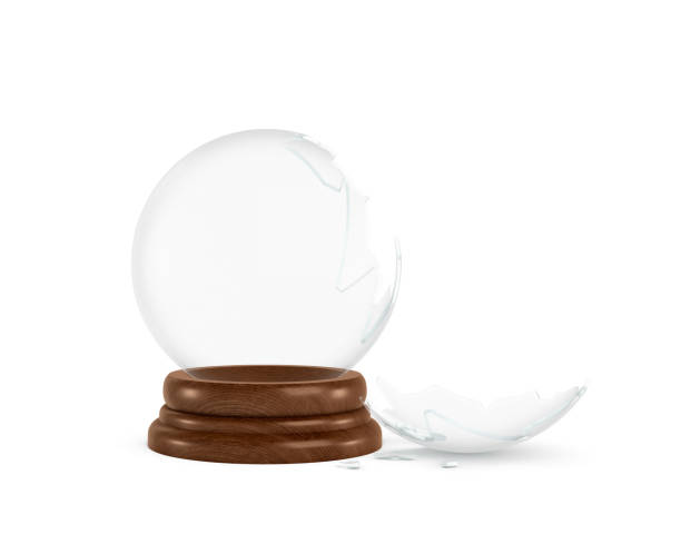 3d rendering of a broken glass sphere on a white background standing on a wooden base with nothing inside it