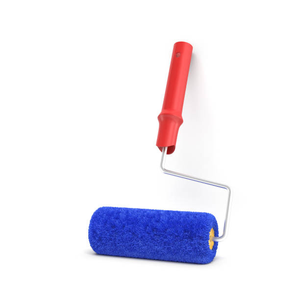 istock 3d rendering of a single paint roller in blue and red color leaning on a white wall 868665278