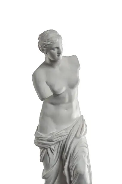 Photo of plaster sculpture of Venus on a white background, gypsum