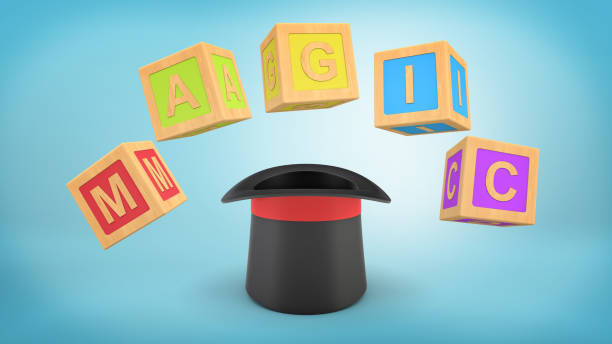 3d rendering of a illusionist's hat standing upside down with large colorful cubes making a word MAGIC above it 3d rendering of a illusionist's hat standing upside down with large colorful cubes making a word MAGIC above it. Education and play. Birthday party. Kid's entertainment business. black hat upside down stock pictures, royalty-free photos & images