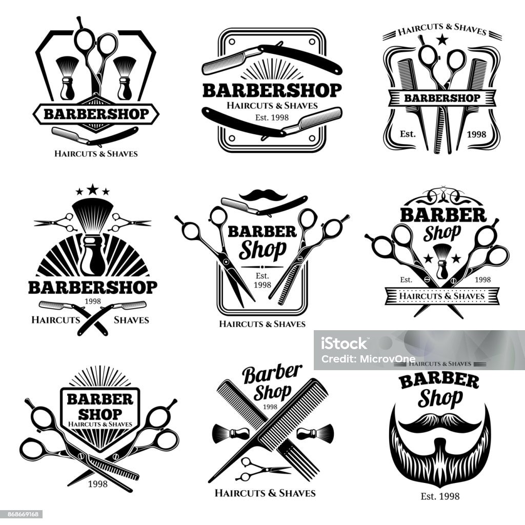 Retro barber shop vector badges. Modern haircut salon labels and hairdresser emblems Retro barber shop vector badges. Modern haircut salon labels and hairdresser emblems. Illustration of barber shop emblem and hairdresser salon badge Barber Shop stock vector