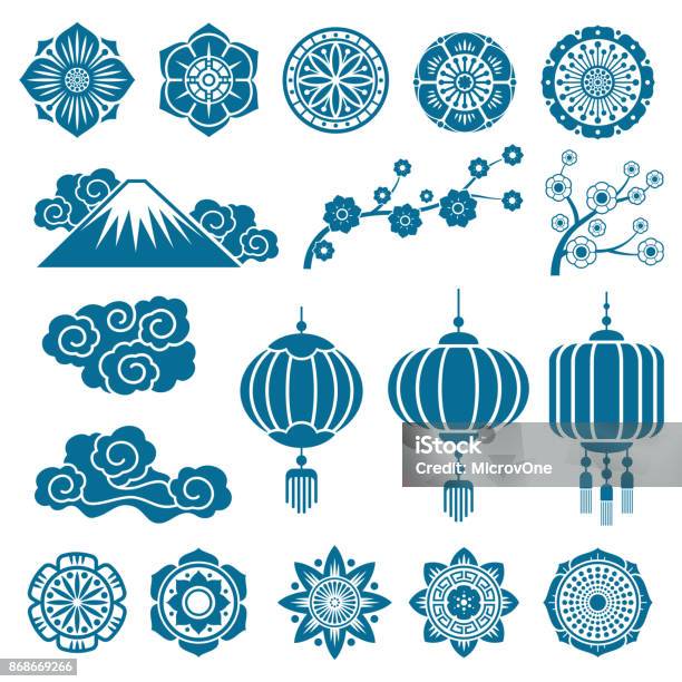 Japanese And Chinese Asian Motif Vector Decor Pattern Elements Stock Illustration - Download Image Now