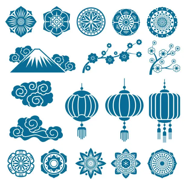 Vector illustration of Japanese and chinese asian motif vector decor pattern elements