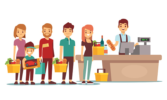 Customers people queue at cash desk with cashier in supermarket. Shopping vector concept