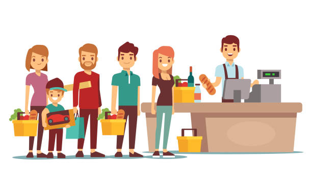 Customers people queue at cash desk with cashier in supermarket. Shopping vector concept Customers people queue at cash desk with cashier in supermarket. Shopping vector concept. People queue in store market illustration grocery store cashier stock illustrations