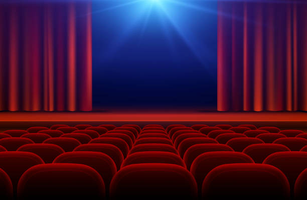 istock Cinema or theater hall with stage, red curtain and seats vector illustration 868670076