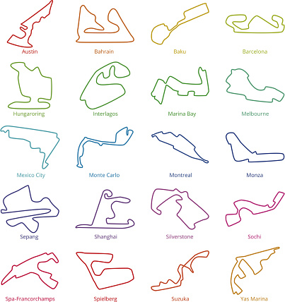 Motorsport race tracks vector circuits. Illustration of circuit racetrack collection