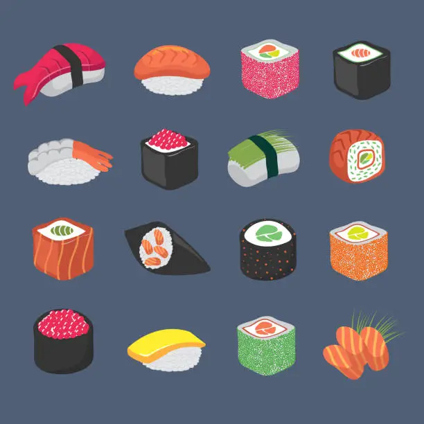 Vector illustration of Cartoon sushi rolls japanese cuisine seafood vector set