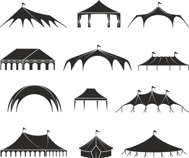 Outdoor shelter tent, event pavilion tents vector icons Outdoor shelter tent, event pavilion tents vector icons. Shelter black silhouette, marquee and pavilion canvas illustration entertainment tent stock illustrations