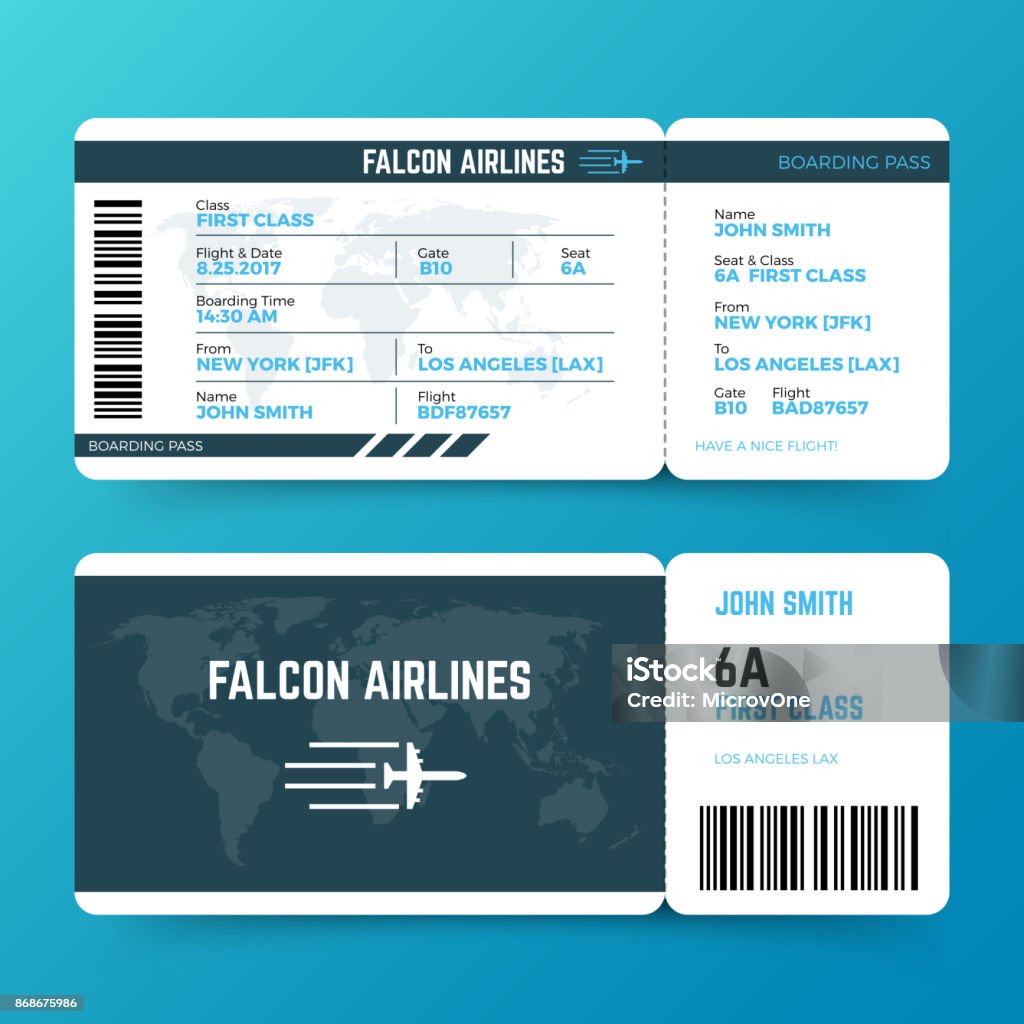 Modello vettoriale di biglietto d'imbarco per viaggi aerei moderni - arte vettoriale royalty-free di Biglietto aereo