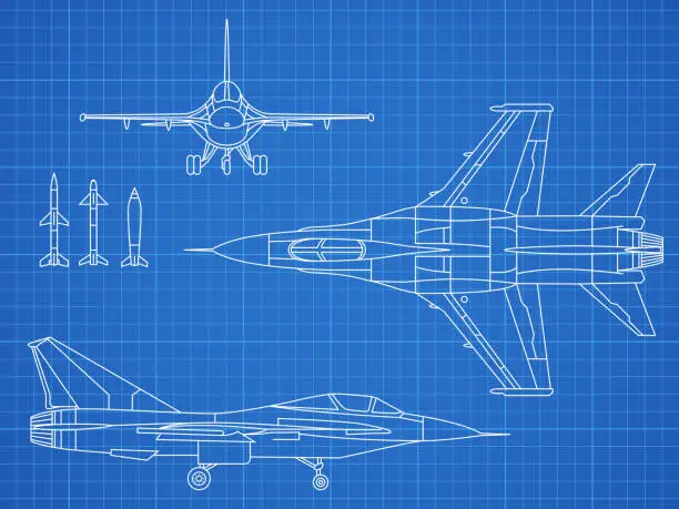 Vector illustration of Military jet aircraft drawing vector blueprint design