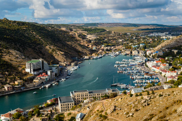 Bay, the city of Balaclava on the Black Sea coast on a sunny summer day.