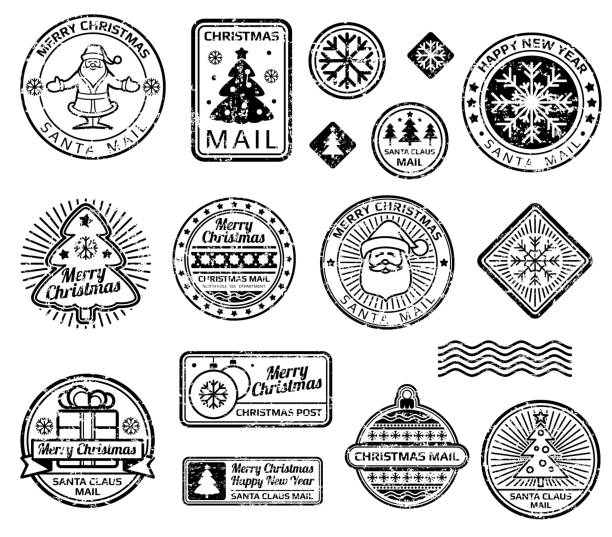 illustrazioni stock, clip art, cartoni animati e icone di tendenza di set vettoriale francobolli natalizi vintage - letter i sign data dirty