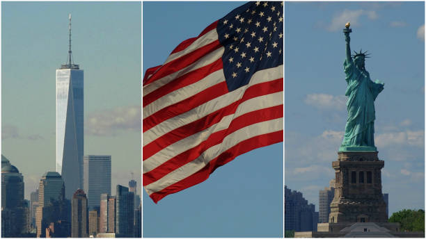 Us Flag Statue Of Liberty And Nyc