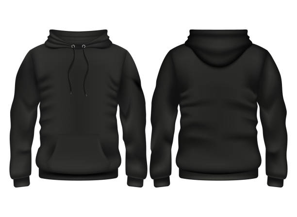 vorder- und wieder schwarz hoodie vektor vorlage - kapuzenoberteil stock-grafiken, -clipart, -cartoons und -symbole