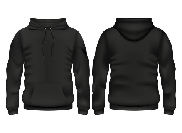 szablon wektora z przodu i z tyłu czarnej bluzy z kapturem - clothing viewpoint front view horizontal stock illustrations