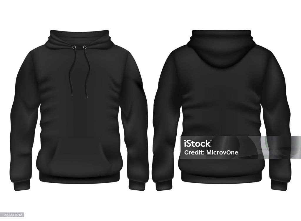 Front and back black hoodie vector template Front and back black hoodie vector template. Sweatshirt fashion with hoodie for sport and urban style illustration Hooded Shirt stock vector