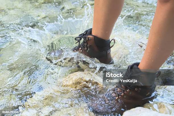 Crossing River In Hiking Shoes Stock Photo - Download Image Now - Hiking Boot, Wet, Adult