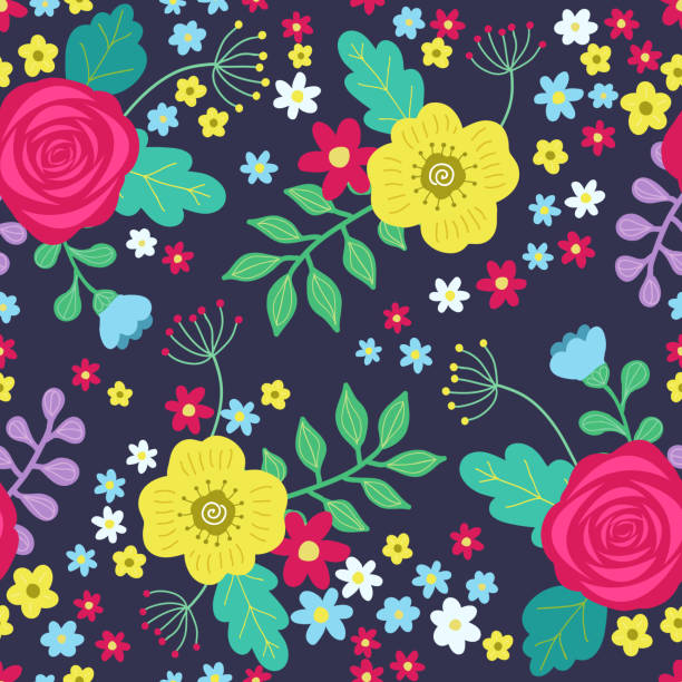 Floral colorful seamless pattern with red and yellow roses and blue flowers and green leaves on dark background. Ditsy print. Vector illustration blue rose against black background stock illustrations