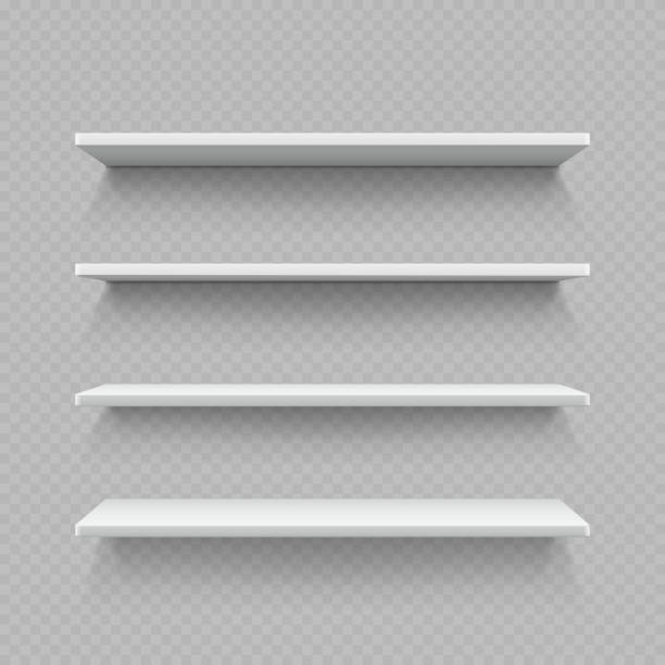 Empty white shop shelf isolated on transparent background Empty white shop shelf isolated on transparent background. Realistic shelf for interior gallery and shop, vector illustration shelf stock illustrations