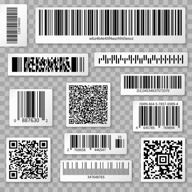 ilustraciones, imágenes clip art, dibujos animados e iconos de stock de códigos qr, barra y etiquetas de embalaje aisladas sobre fondo transparente - código de barras