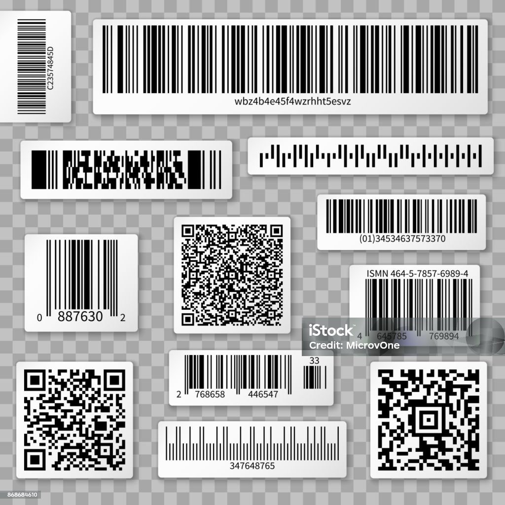 QR codes, bar and packaging labels isolated on transparent background QR codes, bar and packaging labels isolated on transparent background. Qr label for scan, bar code sticker, vector illustration Bar Code stock vector