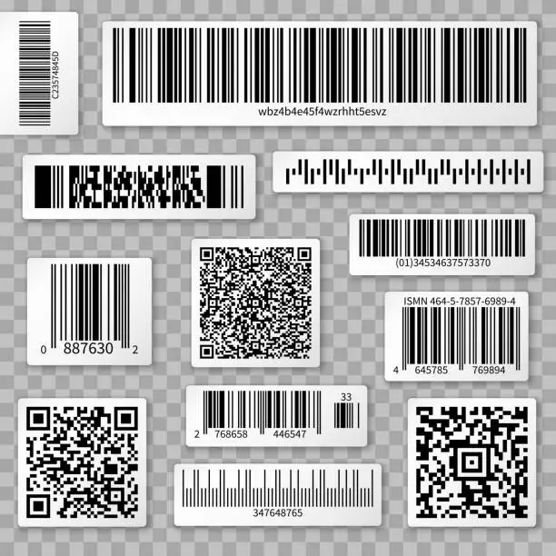 Vector illustration of QR codes, bar and packaging labels isolated on transparent background