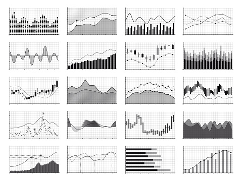 Stock analysis graphics or business data financial charts isolated on white background. Chart and graph, financial diagram growth and progress, vector illustration