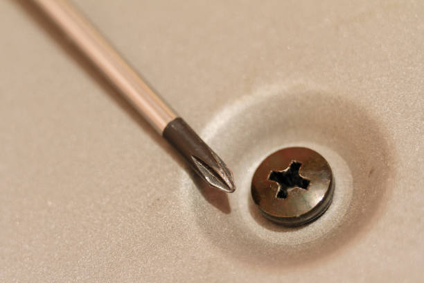 Phillips screwdriver and screw. Macro photography isolated on blurred background. There is space for text.