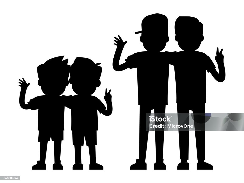 Des silhouettes meilleurs amis isolement sur fond blanc - bébés garçons et garçons adolescent silhouettes noires - clipart vectoriel de Silhouette - Contre-jour libre de droits