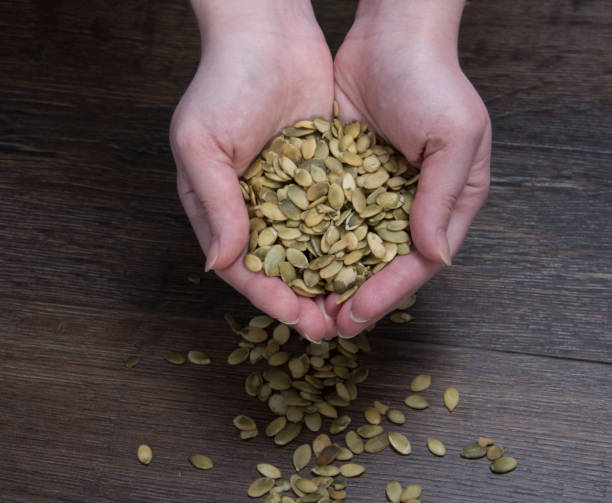 istock Pumpkin seeds in female hands 868685998